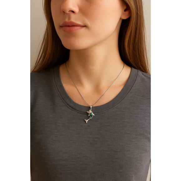 Silver Tone Dolphin Necklace Ocean Abalone Pendant Chain - Picture 1 of 13